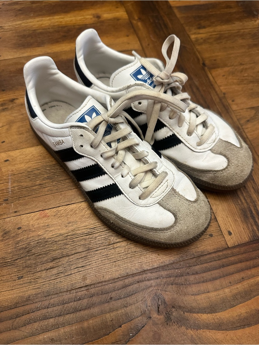 adidas Samba Sneakers in White, Black & Tan Suede